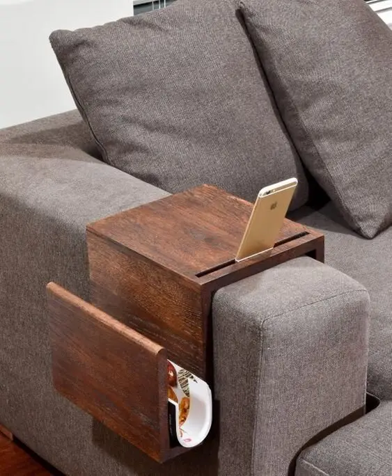 Couch Arm Caddy wood project: A caddy over the couch arm with a slot each for the phone, the remote, a magazine and a drink