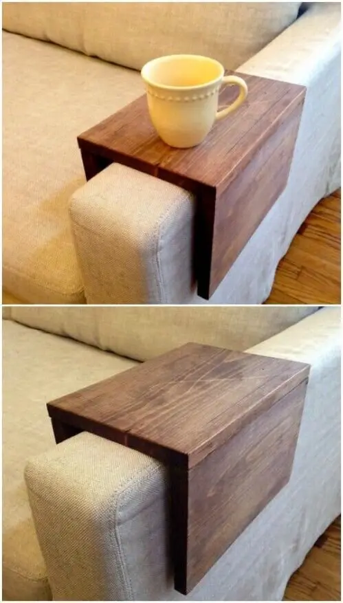 Sofa Wood Tray wood project: Three bits of timber over the sofa arm, and drinks stop ending up in the upholstery. Measure