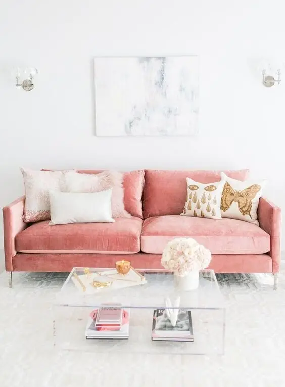 pink velvet sofa