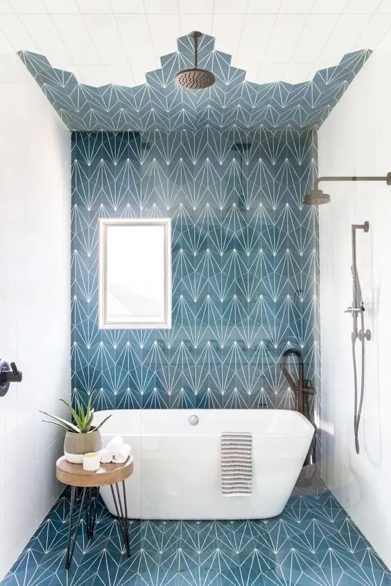 blue geometric bathroom tiles