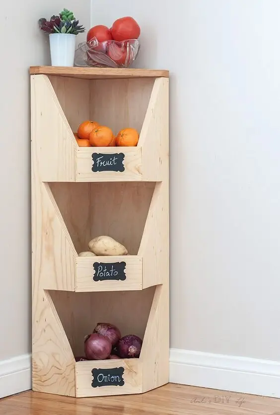 Kitchen Produce Pockets wood project: Corner pockets for onions, potatoes and everything else that shouldn't live in the