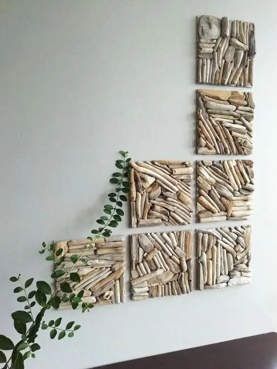 Driftwood Wall Tiles wood project: Driftwood offcuts glued to plywood squares and hung as wall tiles. Collecting the