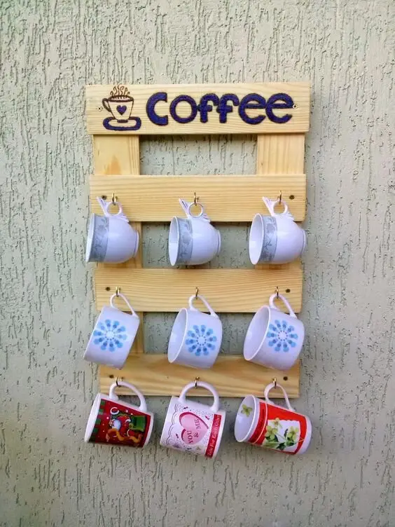 Coffee Cup Holder wood project: A frame, a few bars, a row of hooks, and the mug collection becomes a display instead of a