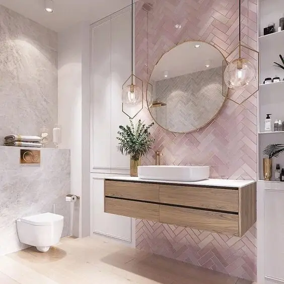 colourful pink wall in bathroom