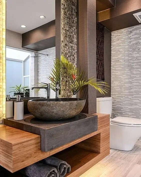 wood and stone bathroom vanity