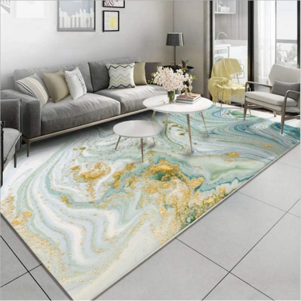 yellow white and blue rug