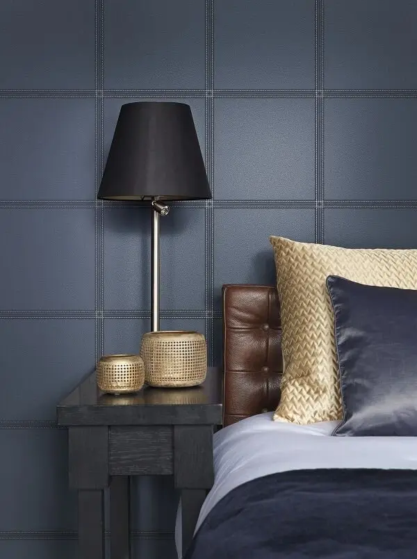 Luxury of Leather bedroom: A tufted leather headboard with timber and restrained gold accents