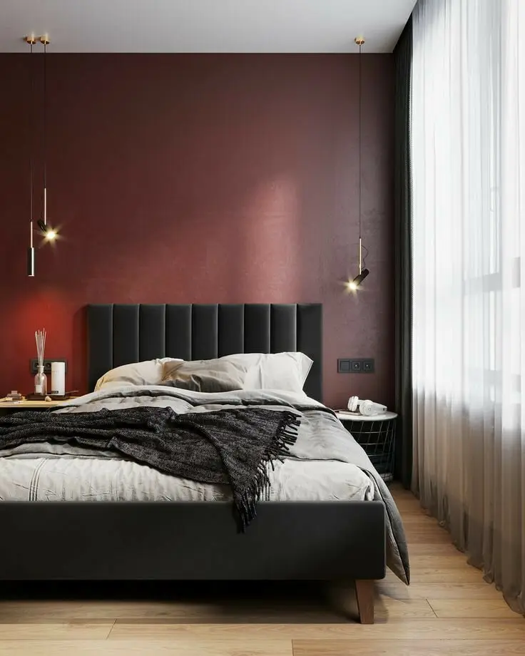 Mulberry Man bedroom: One mulberry accent wall in a grey and timber room