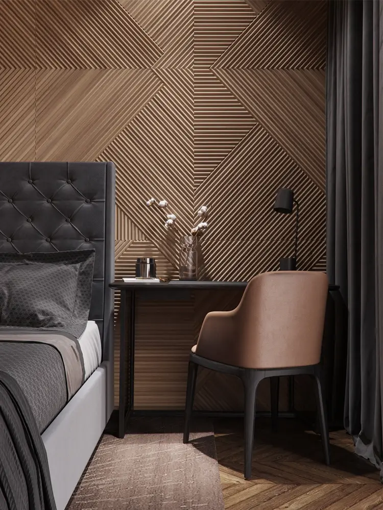 Statement Walls bedroom: Timber cladding laid in patterns across the bedhead wall