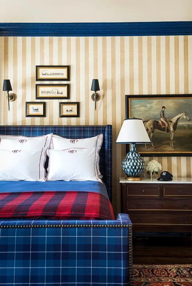 Basic Colours bedroom: Primary colours everywhere: red and blue and yellow, in plaids and checks and stripes