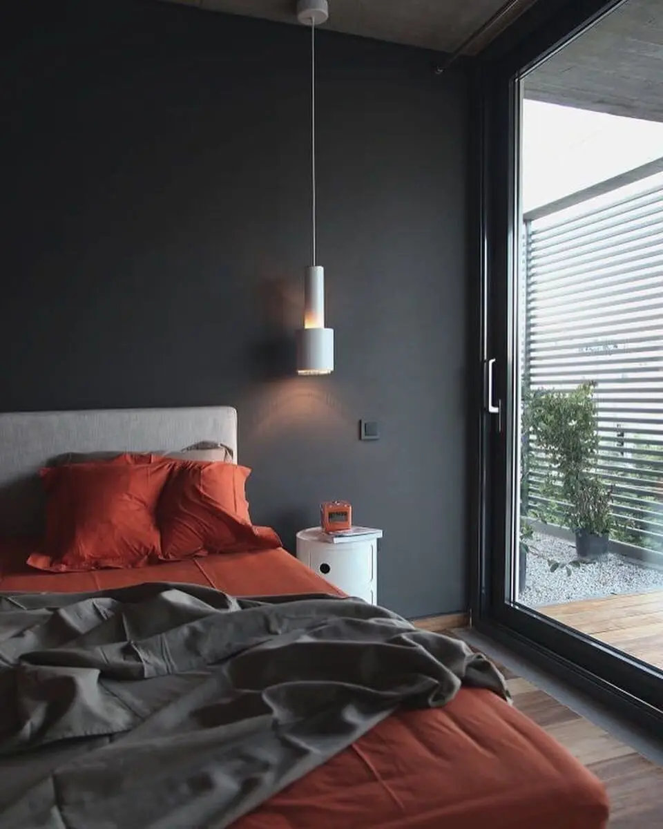 A Touch of Red bedroom: A grey room with red bedding, and that's the whole idea