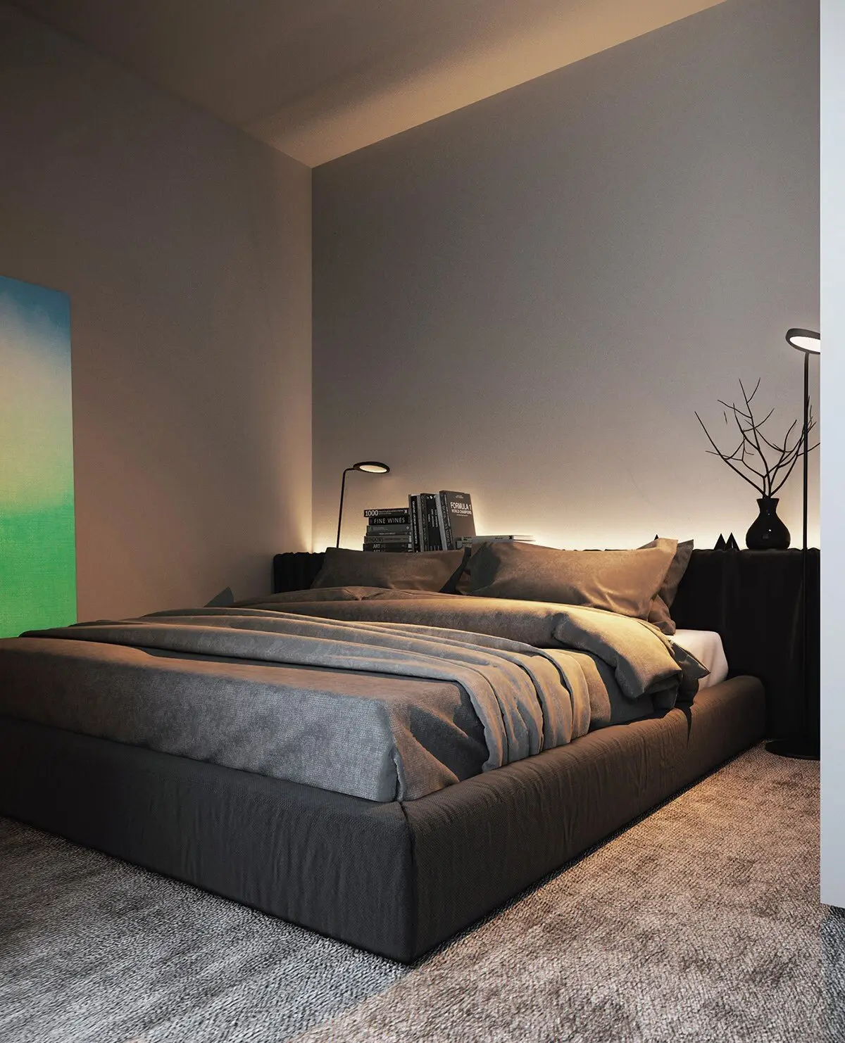 Dramatic Lighting bedroom: A bed, a mirror, two lamps, a few books