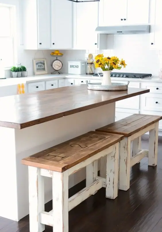 Bench Game farmhouse kitchen: Benches instead of chairs or stools around the table. They tuck away completely, seat one more
