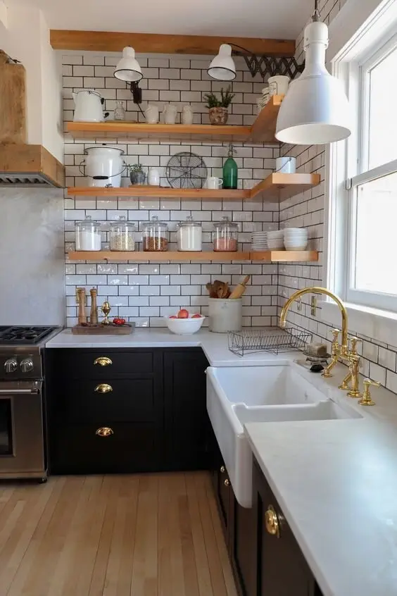 Floating Shelves farmhouse kitchen: Floating shelves in place of overhead cabinets, ideally live-edge planks. They make a