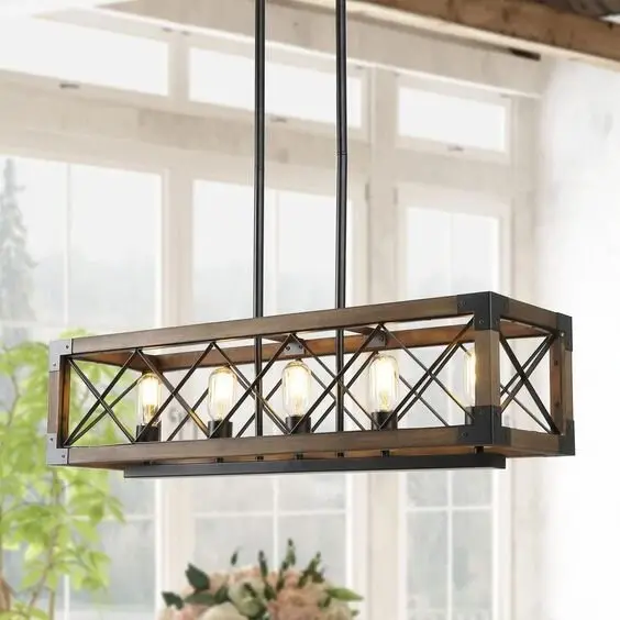 Wood Chandelier farmhouse kitchen: A timber chandelier with black metal straps, hung over the island or table. It reads