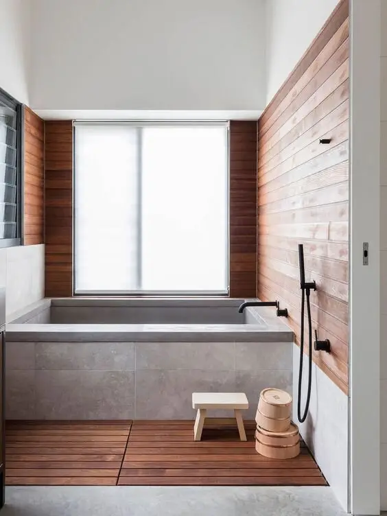 wood and concrete bathroom