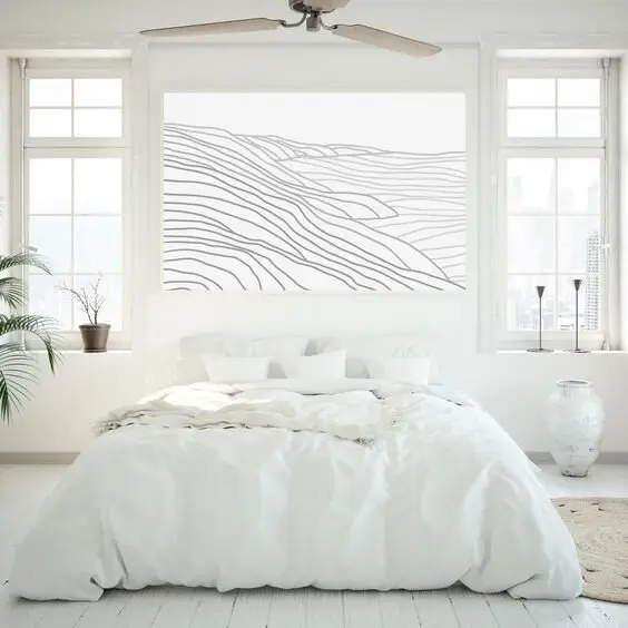 White Coastal Cottage coastal bedroom: Huge windows, white walls and ceiling, painted timber boards, then a jute rug and
