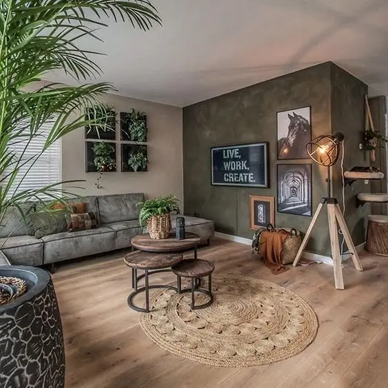 Added Greenery industrial living room: The raw and functional look of the industrial interiors can easily go drab and dark