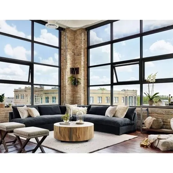 The Corner Room: A bright and grand living room with a touch of rustic charm