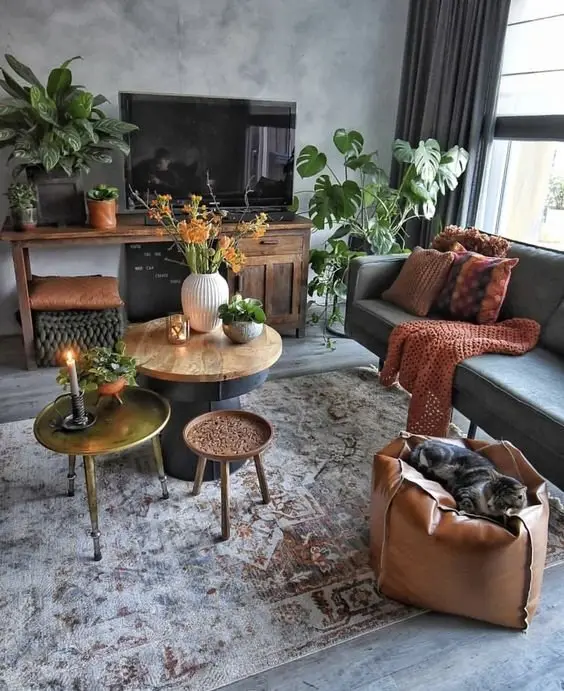 Fall Colours industrial living room: The charming and snug living room is a mix of styling genres