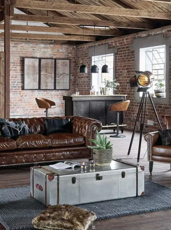 Leather and Steel industrial living room: A stunning living room with strong industrial styling