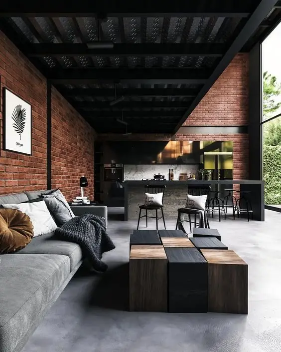 Down to Basics industrial living room: This grand and luxurious living room is the stripped-down version of the huge industrial edifice