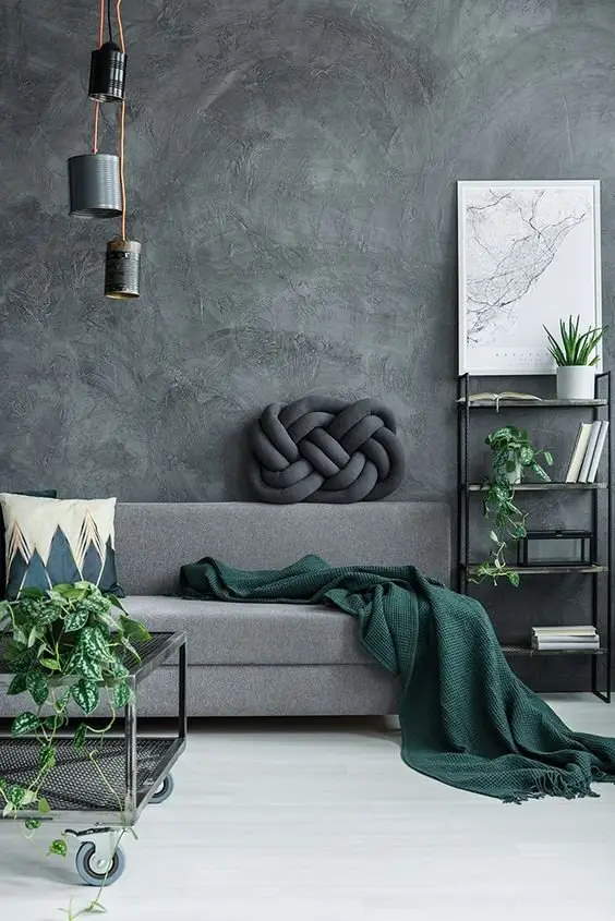 Grey Minimalist industrial living room: A beautiful and cool living room with minimalist styling and industrial aesthetics