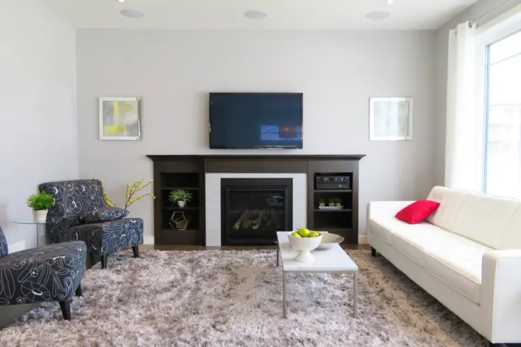 A styled living room with a sofa and cushions